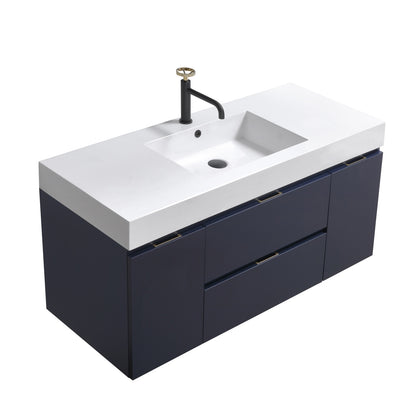 Bliss 48" Navy Blue Wall-Mount Single Sink Modern Bathroom Vanity by KubeBath
