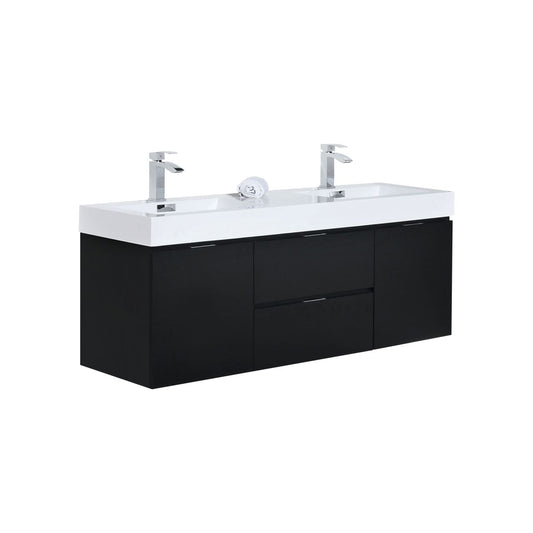 Bliss 60" Wood Black Wall Mount  Double Sink Modern Bathroom Vanity