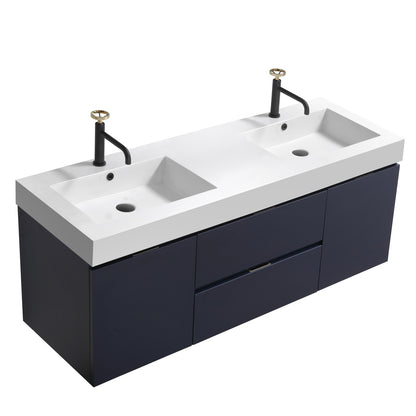 Bliss 60" Navy Blue Wall-Mount Double Sink Bathroom Vanity by KubeBath