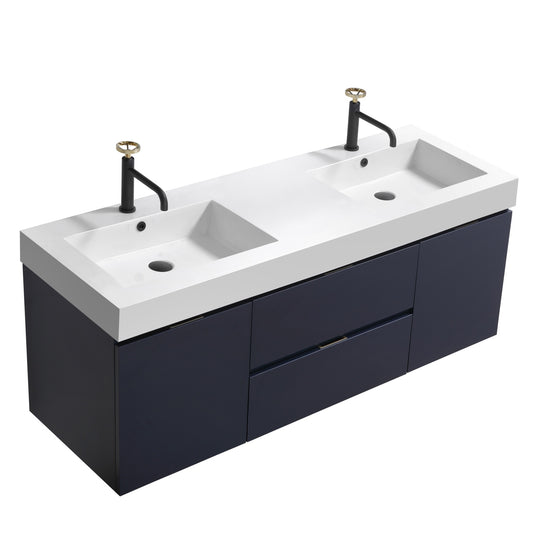 Bliss 60" Navy Blue Wall-Mount Double Sink Bathroom Vanity by KubeBath