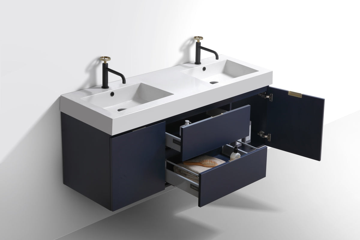 Bliss 60" Navy Blue Wall-Mount Double Sink Bathroom Vanity by KubeBath