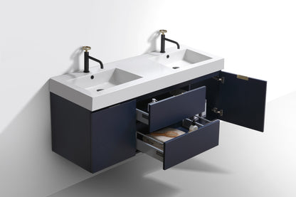 Bliss 60" Navy Blue Wall-Mount Double Sink Bathroom Vanity by KubeBath