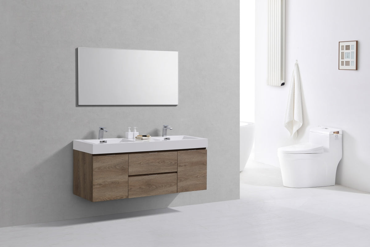Bliss 60" Butternut Wood Wall Mount Double Sink Modern Bathroom Vanity