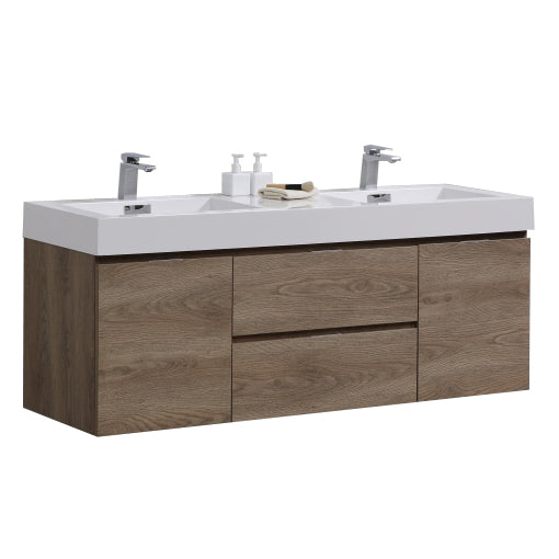 Bliss 60" Butternut Wood Wall Mount Double Sink Modern Bathroom Vanity