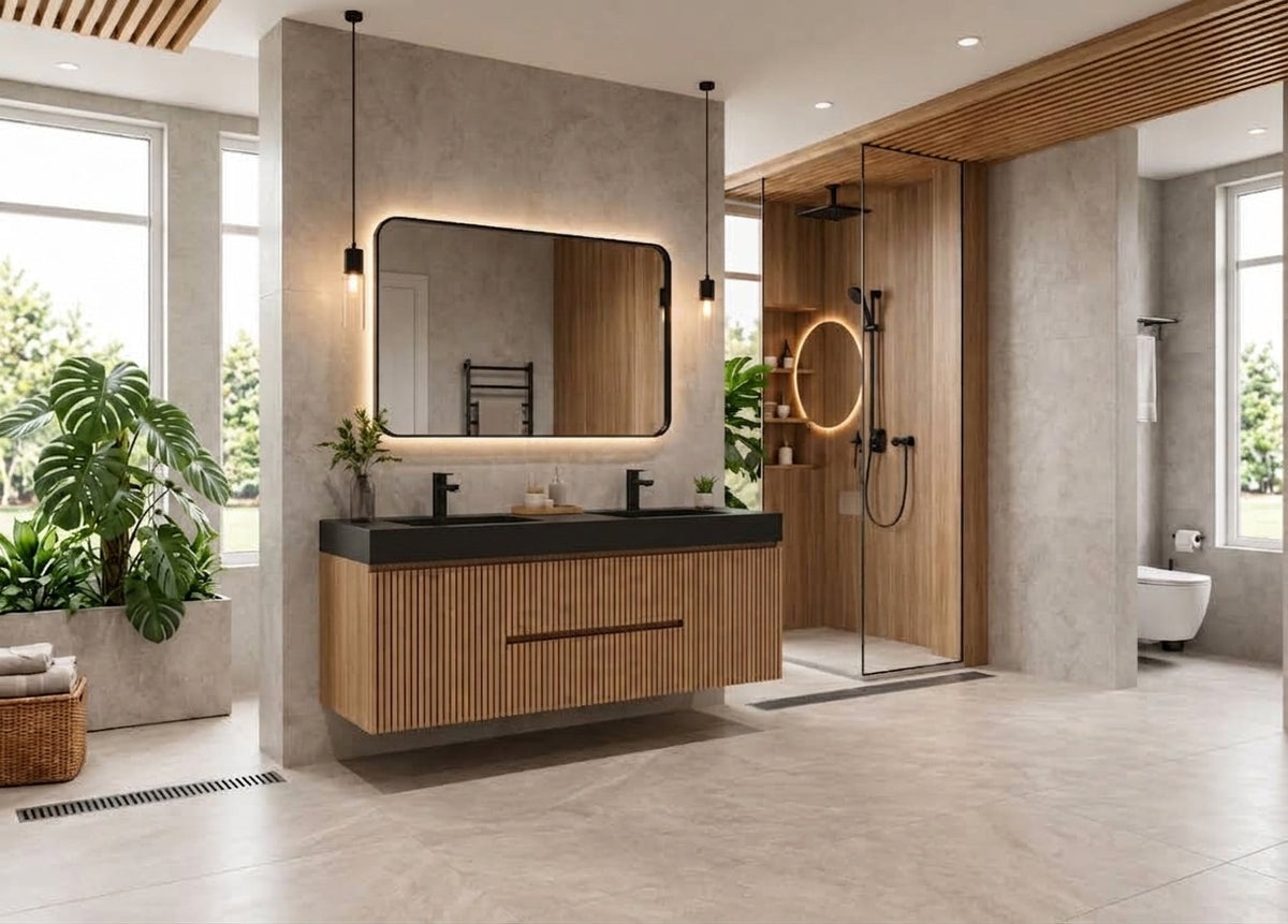 Bliss 60" Fluted Oakwood Double Sink Wall Mount Vanity - Restock ETA Late Oct