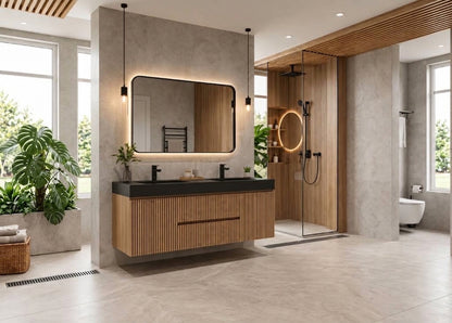 Bliss 60" Fluted Oakwood Double Sink Wall Mount Vanity - Restock ETA Late Oct