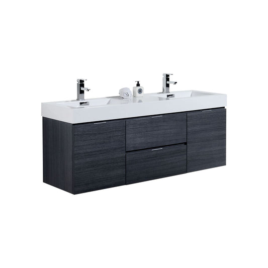 Bliss 60" Gray Oak Wall Mount  Double Sink Modern Bathroom Vanity