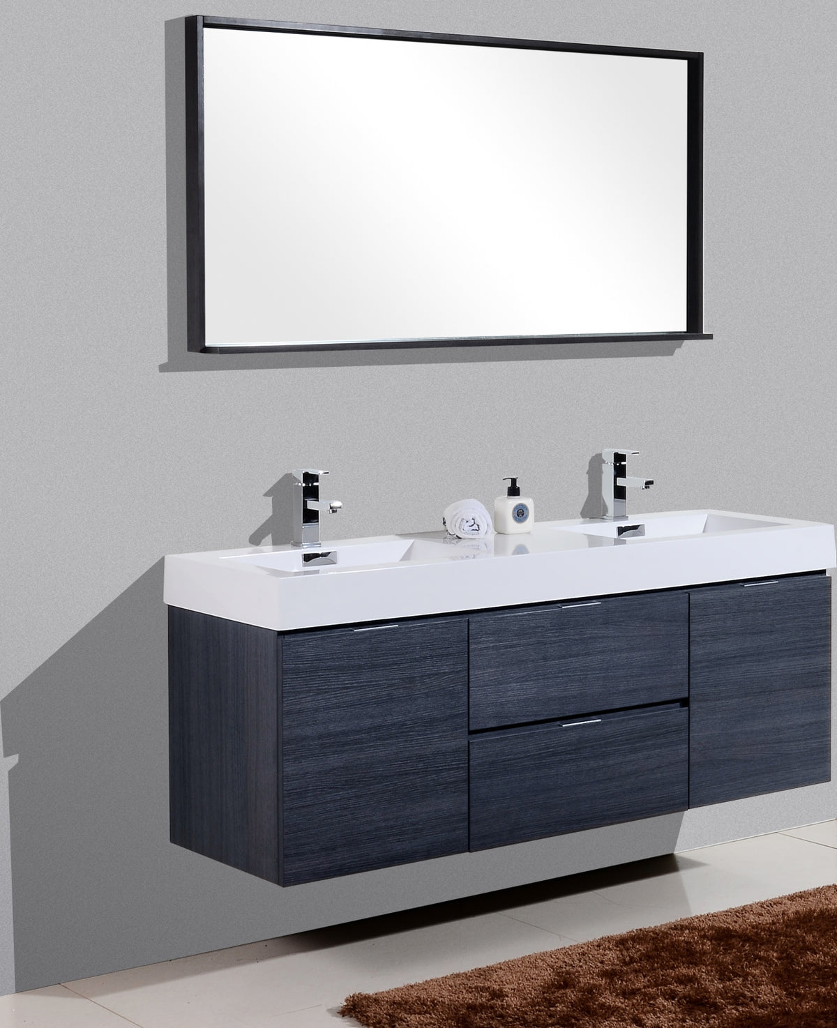 Bliss 60" Gray Oak Wall Mount  Double Sink Modern Bathroom Vanity