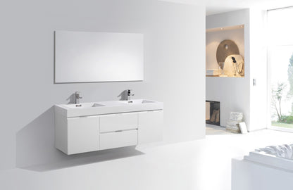 Bliss 60" High Gloss White Wall Mount Double Sink Vanity