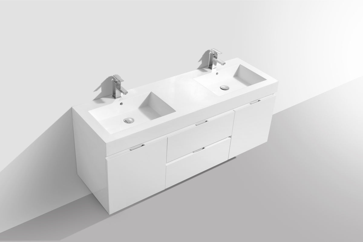 Bliss 60" High Gloss White Wall Mount Double Sink Vanity