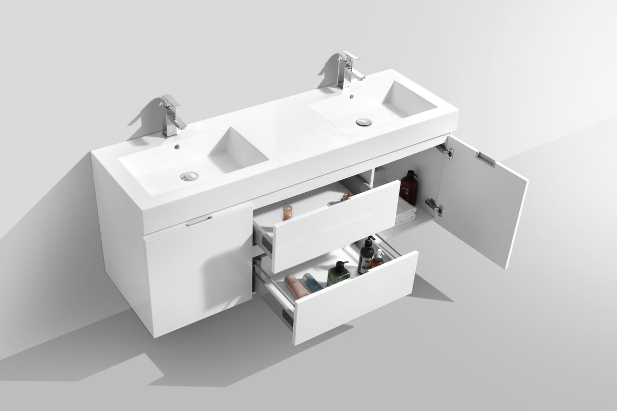 Bliss 60" High Gloss White Wall Mount Double Sink Vanity