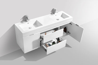 Bliss 60" High Gloss White Wall Mount Double Sink Vanity