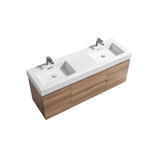 Bliss 60" Honey Oak Wall Mount Double Sink Modern Bathroom Vanity