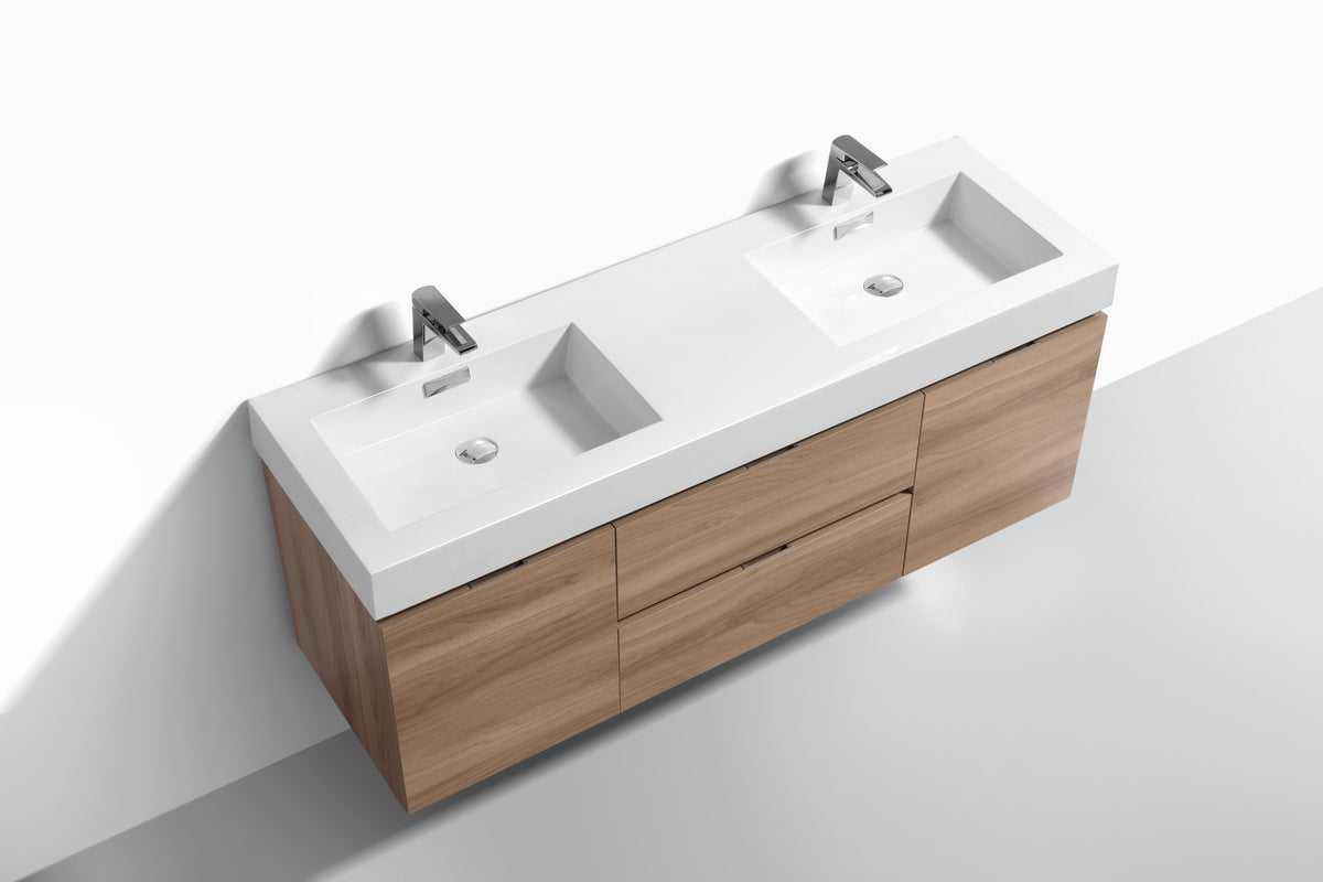 Bliss 60" Honey Oak Wall Mount Double Sink Modern Bathroom Vanity