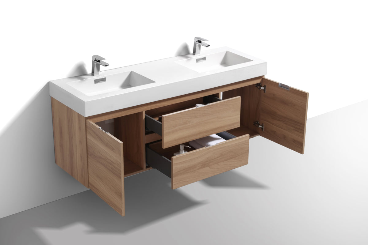 Bliss 60" Honey Oak Wall Mount Double Sink Modern Bathroom Vanity