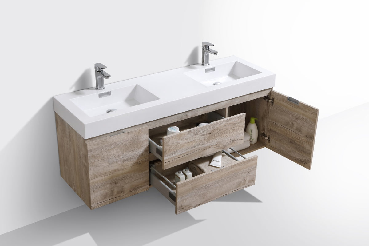 Bliss 60" Nature Wood Wall Mount  Double Sink Modern Bathroom Vanity
