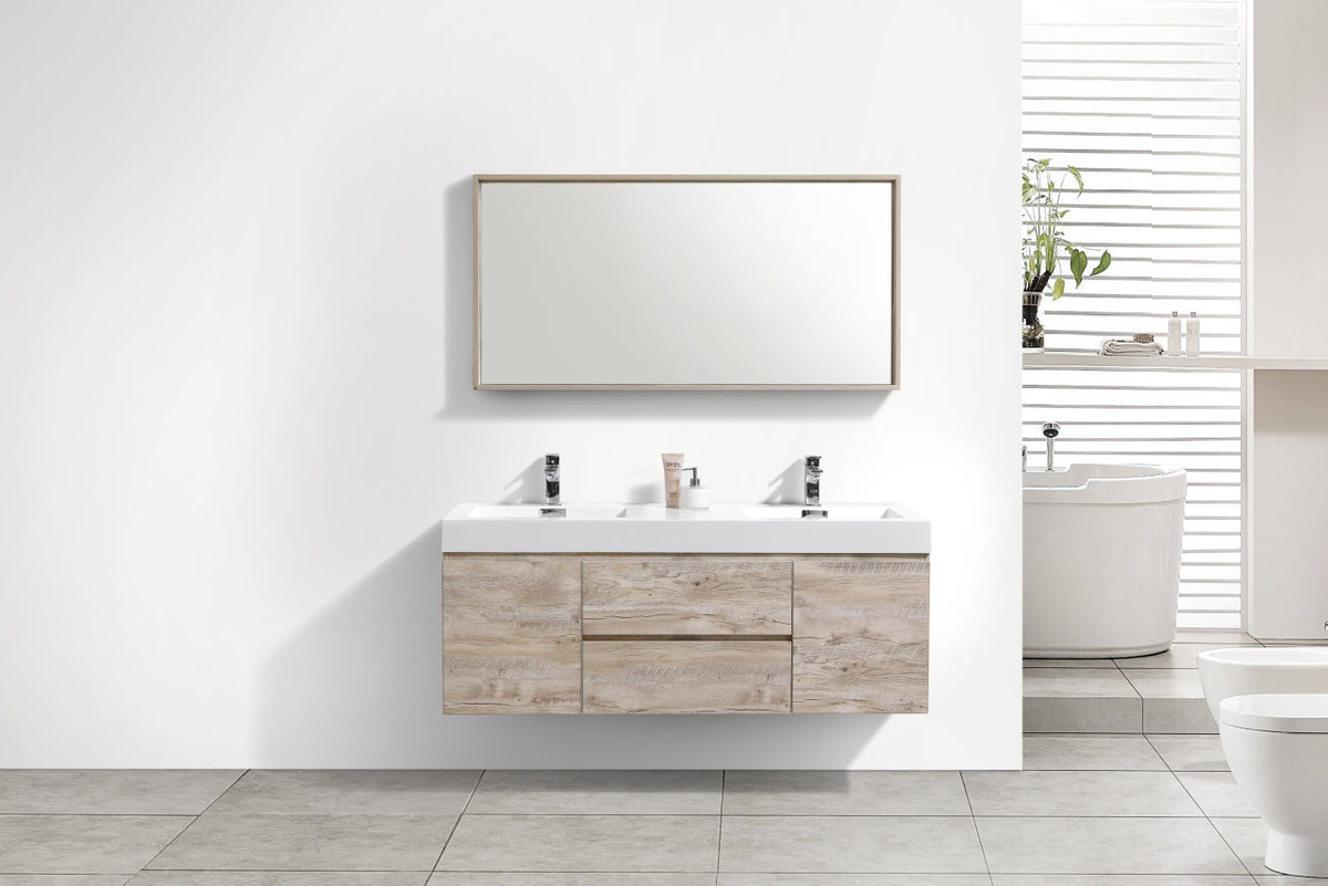 Bliss 60" Nature Wood Wall Mount  Double Sink Modern Bathroom Vanity