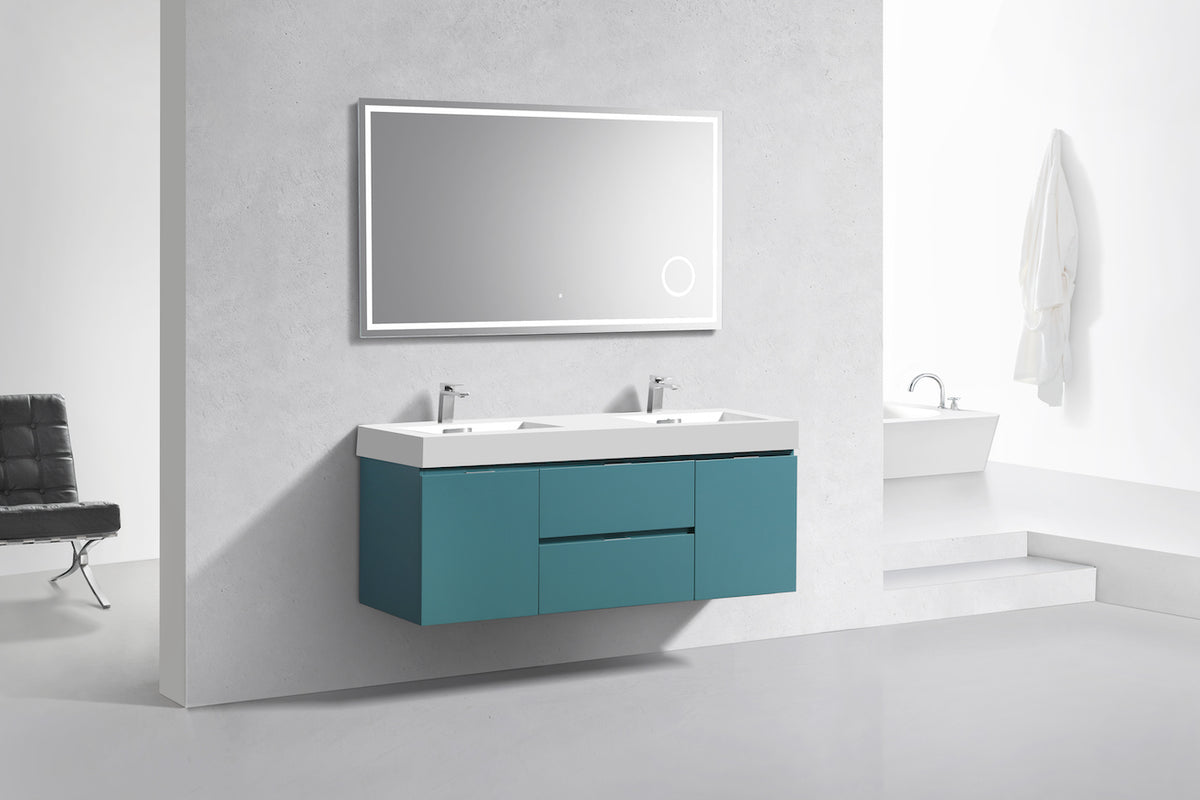 Bliss 60" Teal Green Wall Mount Double Sink Modern Bathroom Vanity