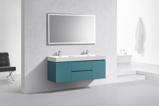 Bliss 60" Teal Green Wall Mount Double Sink Modern Bathroom Vanity