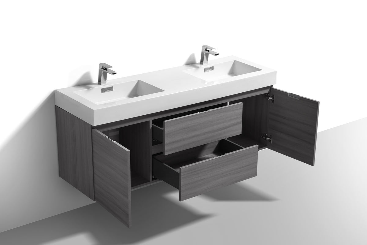 Bliss 60" Vulcan Ash Grey Wall Mount  Double Sink Modern Bathroom Vanity