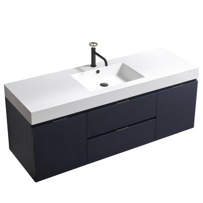 Bliss 60" Navy Blue Wall-Mount Single Sink Bathroom Vanity