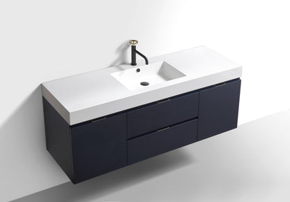 Bliss 60" Navy Blue Wall-Mount Single Sink Bathroom Vanity