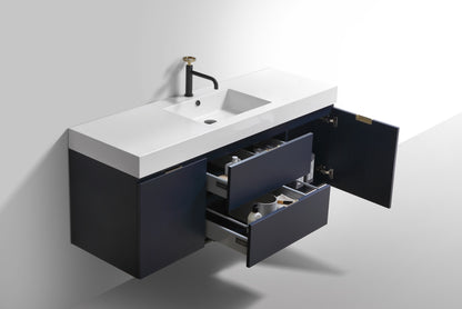 Bliss 60" Navy Blue Wall-Mount Single Sink Bathroom Vanity