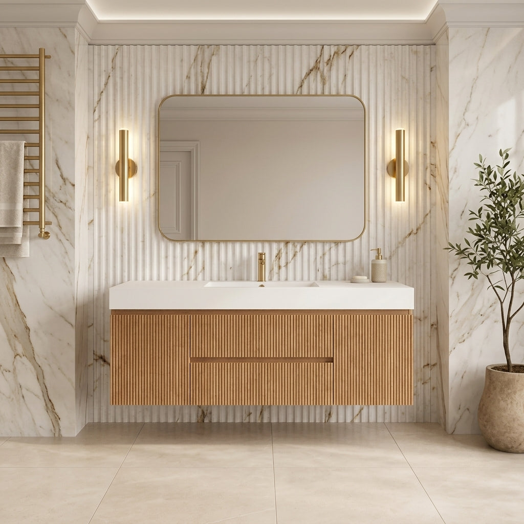 Bliss 60" Fluted Oakwood Single Sink Wall Mount Vanity - Restock ETA Late Oct
