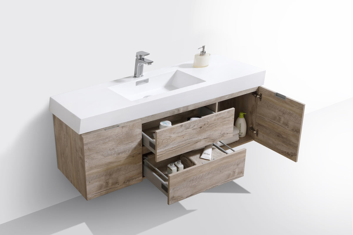 Bliss 60" Nature Wood Wall Mount  Single Sink Modern Bathroom Vanity