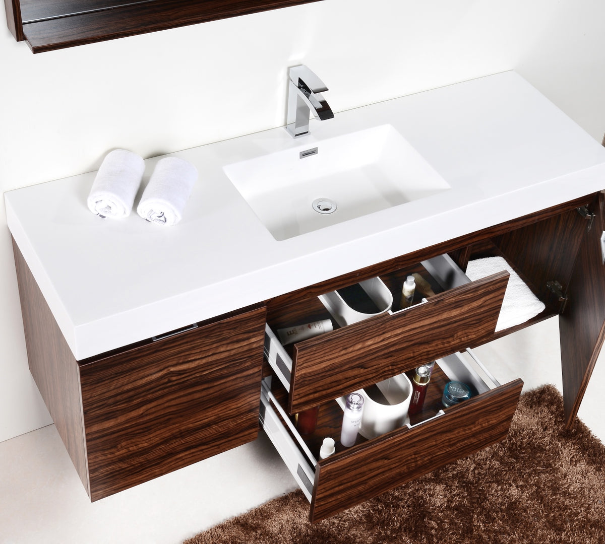 Bliss 60" Walnut Wall Mount  Single Sink Modern Bathroom Vanity