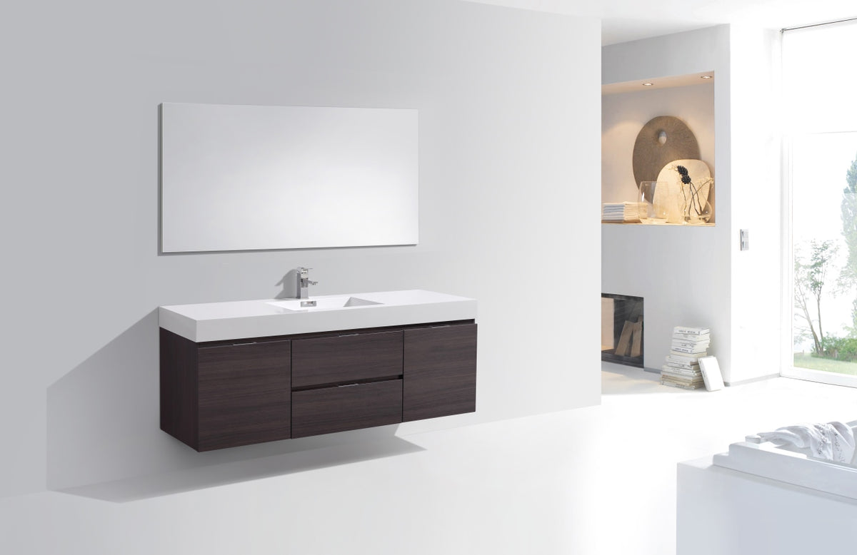Bliss 60" High Gloss Gray Oak Wall Mount  Single Sink Modern Bathroom Vanity Included Matching Mirror