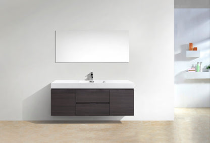 Bliss 60" High Gloss Gray Oak Wall Mount  Single Sink Modern Bathroom Vanity Included Matching Mirror