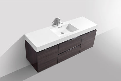 Bliss 60" High Gloss Gray Oak Wall Mount  Single Sink Modern Bathroom Vanity Included Matching Mirror