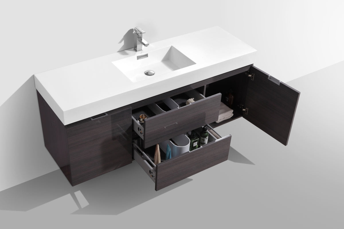 Bliss 60" High Gloss Gray Oak Wall Mount  Single Sink Modern Bathroom Vanity Included Matching Mirror