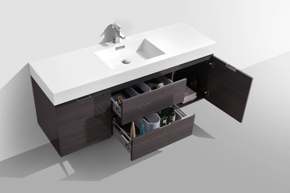 Bliss 60" High Gloss Gray Oak Wall Mount  Single Sink Modern Bathroom Vanity Included Matching Mirror
