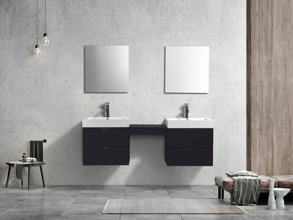 Bliss 68" Black Wood Wall Mount Double Sink Modern Bathroom Vanity
