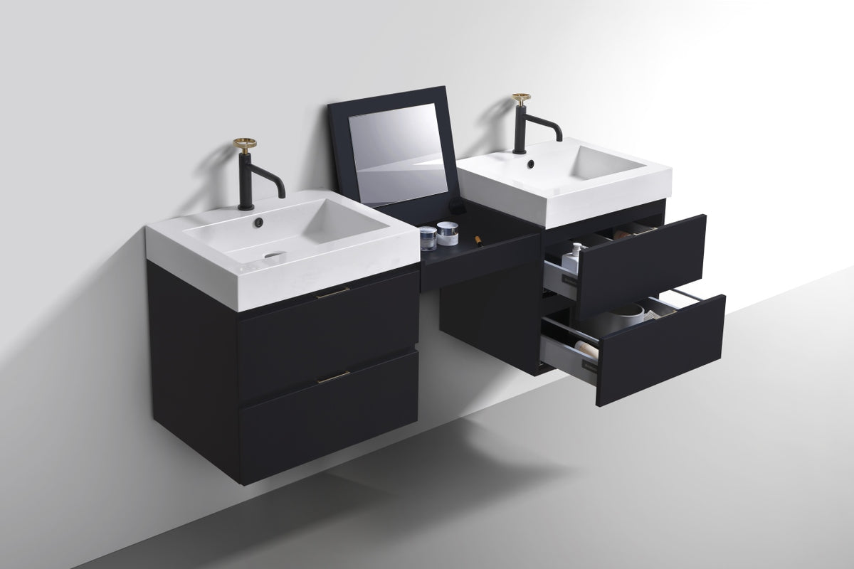Bliss 68" Black Wood Wall Mount Double Sink Modern Bathroom Vanity