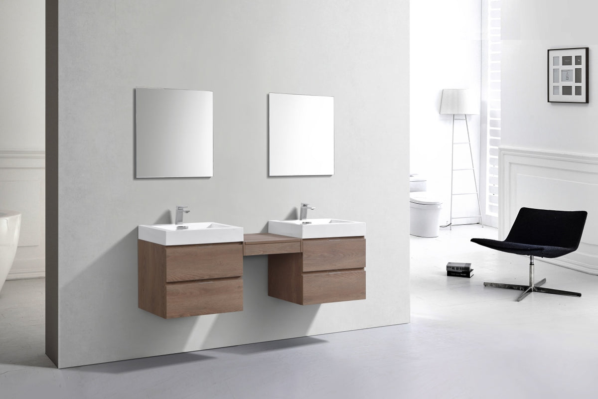 Bliss 68" Butternut Wood Wall Mount Double Sink Modern Bathroom Vanity