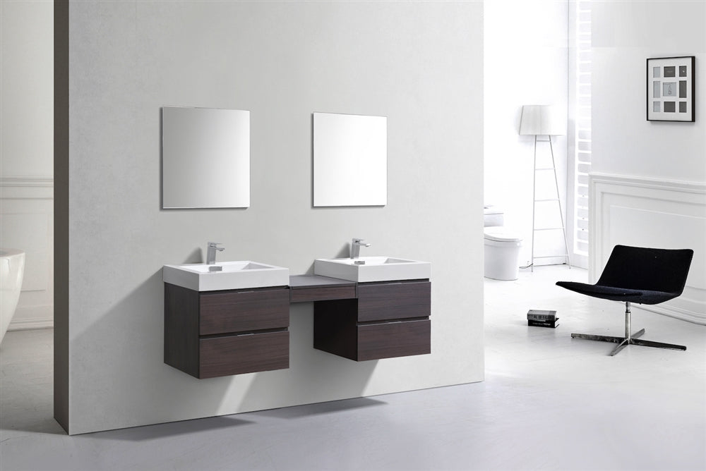 Bliss 68" Gray Oak Wood Wall Mount Double Sink Modern Bathroom Vanity