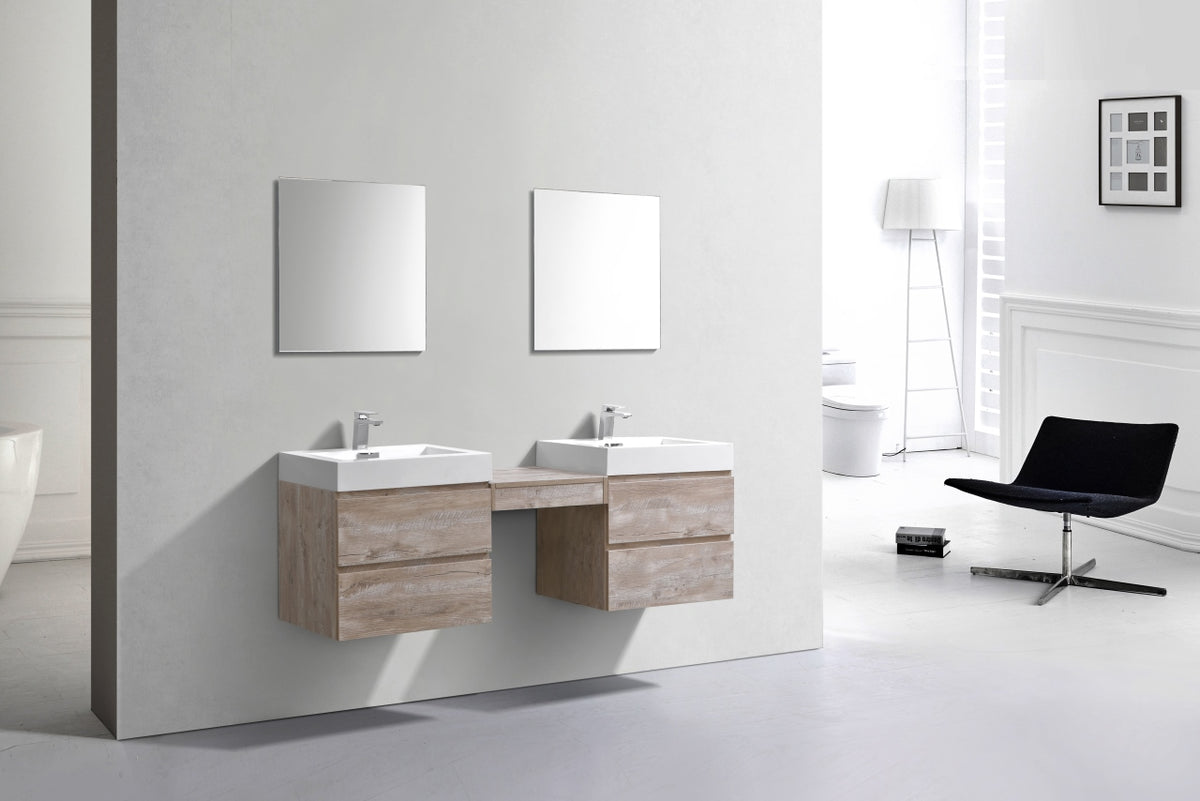 Bliss 68" Nature Wood Wall Mount Double Sink Modern Bathroom Vanity