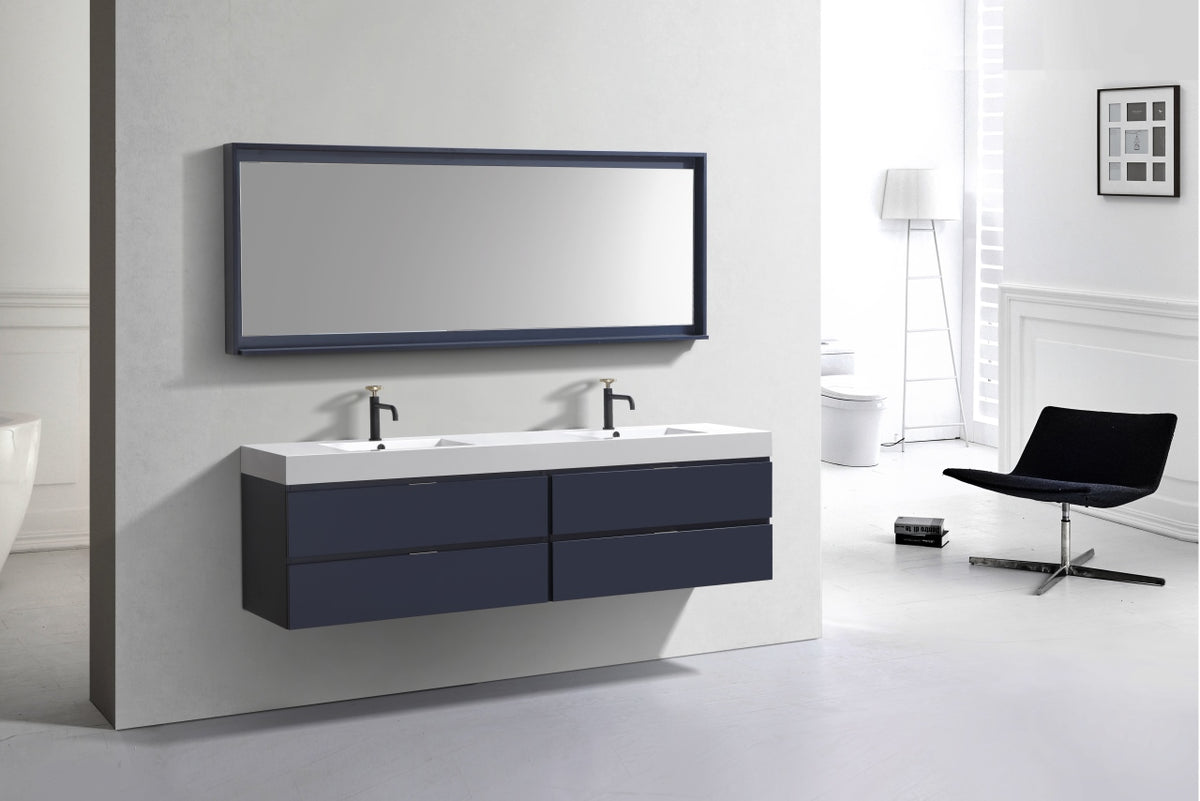 Bliss 71" Navy Blue Wall-Mount Double Sink Modern Bathroom Vanity