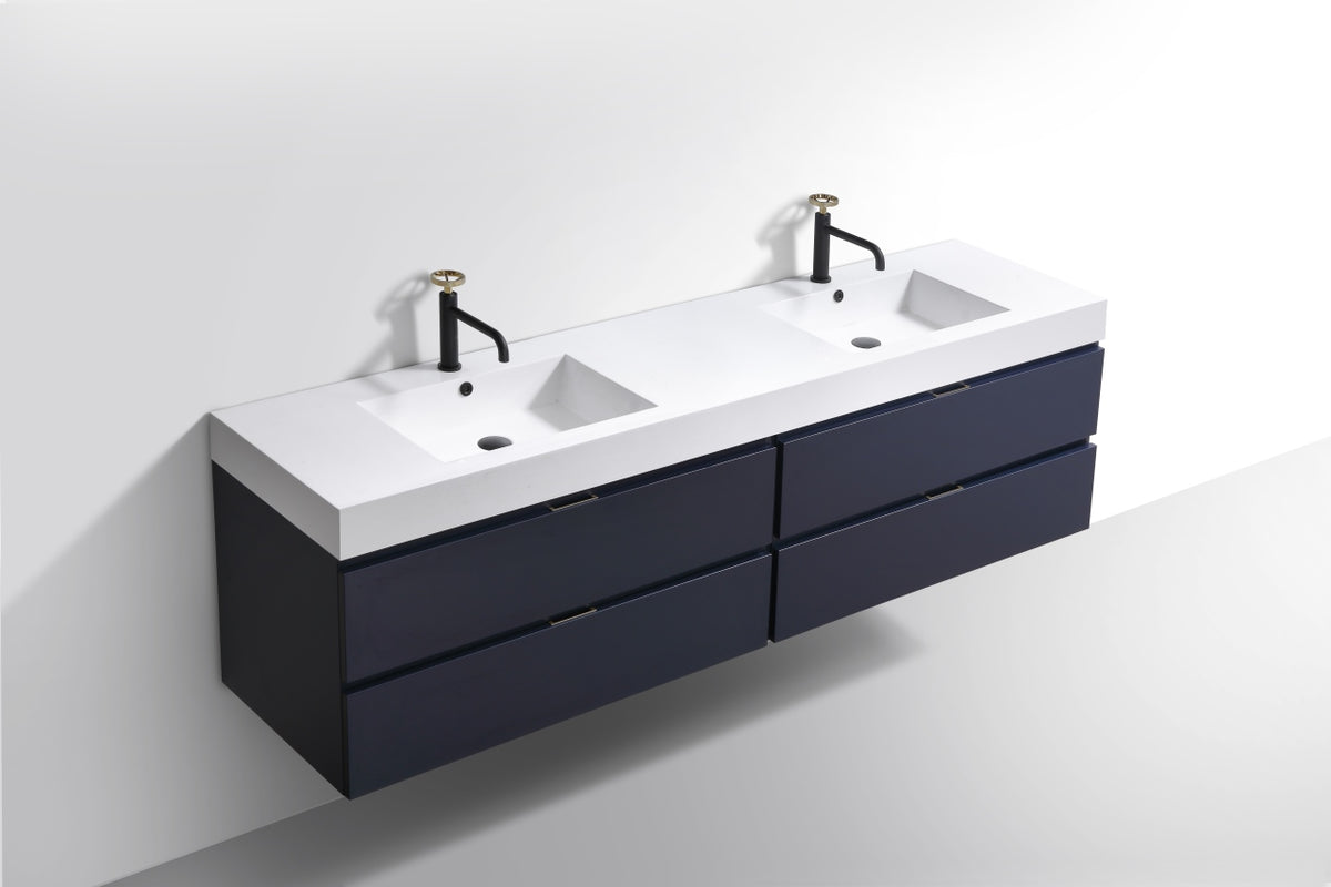 Bliss 71" Navy Blue Wall-Mount Double Sink Modern Bathroom Vanity