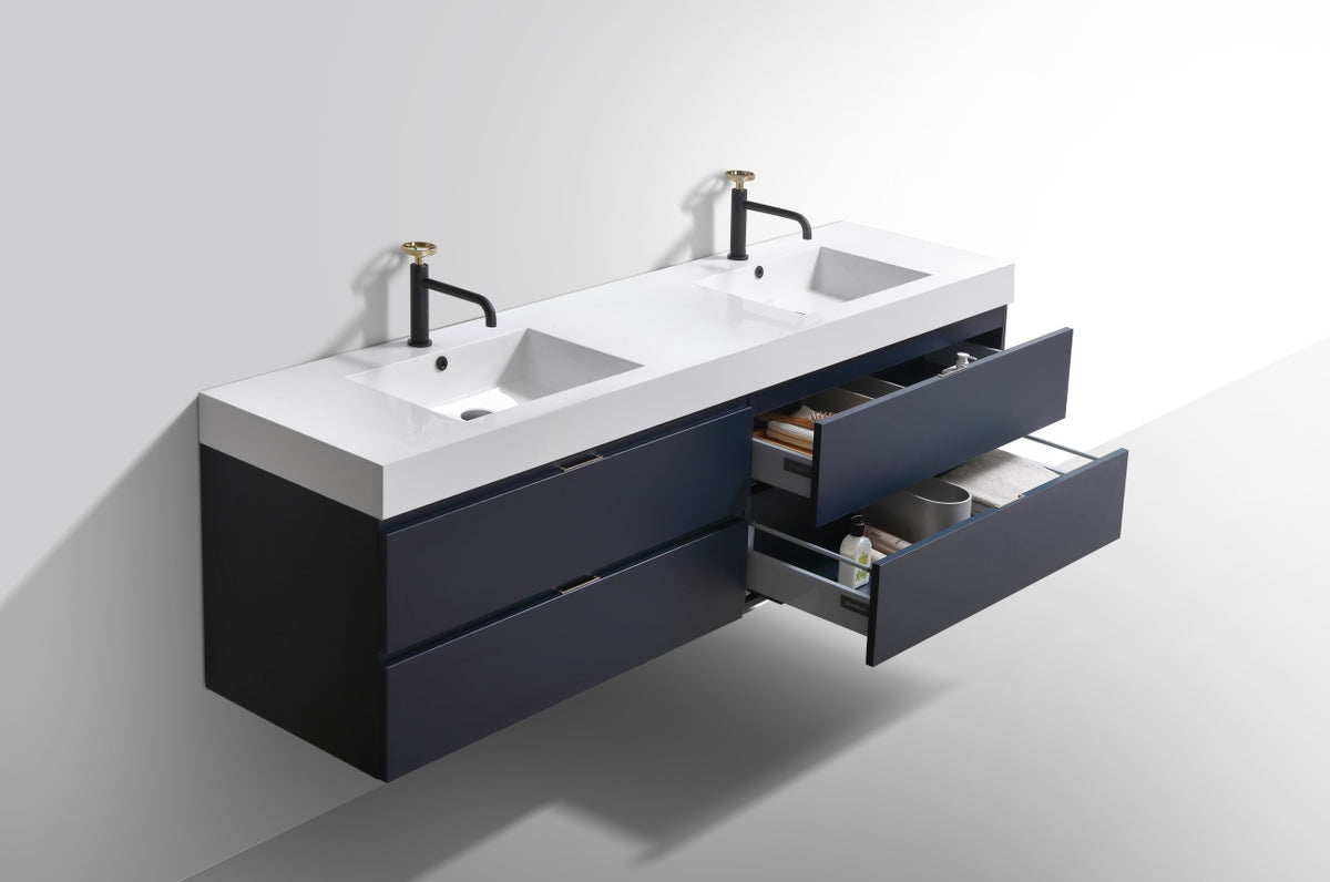 Bliss 71" Navy Blue Wall-Mount Double Sink Modern Bathroom Vanity