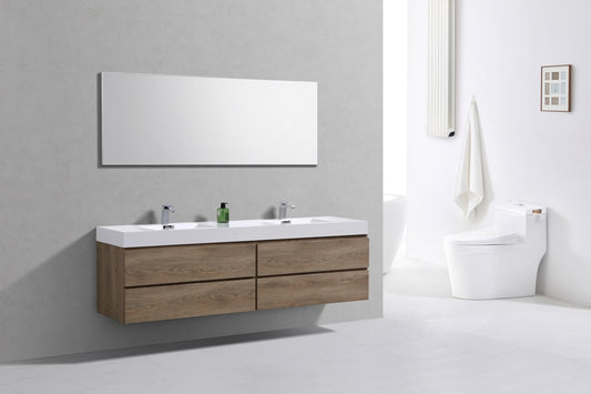 Bliss 71" Butternut Wood Wall Mount Double Sink Modern Bathroom Vanity