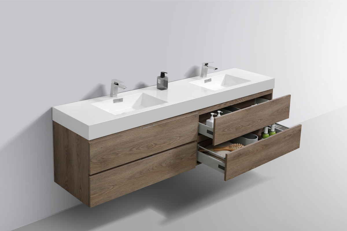 Bliss 71" Butternut Wood Wall Mount Double Sink Modern Bathroom Vanity
