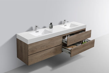 Bliss 71" Butternut Wood Wall Mount Double Sink Modern Bathroom Vanity