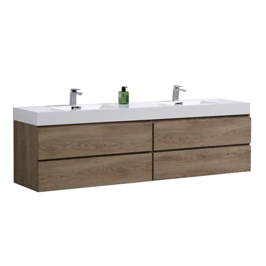 Bliss 71" Butternut Wood Wall Mount Double Sink Modern Bathroom Vanity