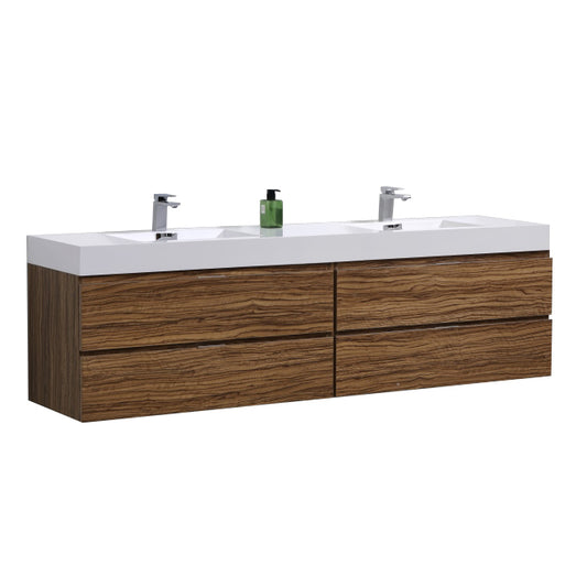 Bliss 71" High Glossy Chestnut Wood Wall Mount Double Sink Modern Bathroom Vanity