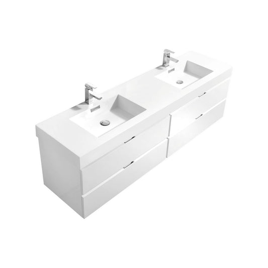 Bliss 71" High Gloss White Wall Mount Double Sink Modern Bathroom Vanity