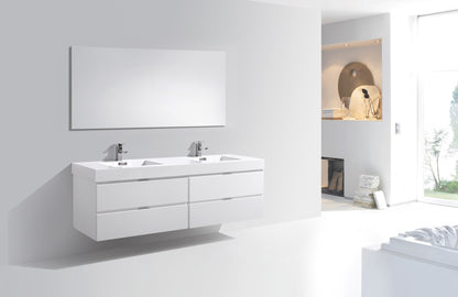 Bliss 71" High Gloss White Wall Mount Double Sink Modern Bathroom Vanity